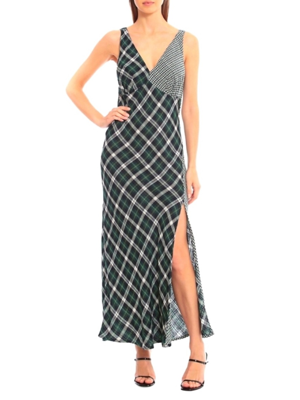 AVEC LES FRILLES Plaid V-Neck Maxi Dress with Side Slit